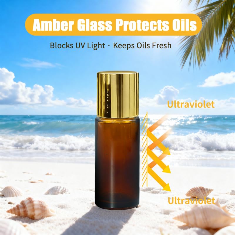 Warmify Obsidian Roller Bottles for Essential Oils, 50ml Refillable Amber Glass Roll On Bottles with Natural Crystal Roller Balls, Leak-Proof Travel Perfume Bottle with Gold Caps