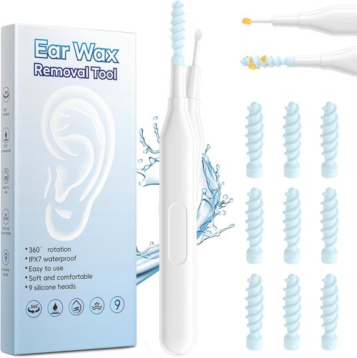 Ear Wax Removal Tool, Multifunctional Spiral Ear Cleaner, Q Grips Earwax Cleaning Tool with 9 Replacement Tips, Washable Ear Wax Removal Kit for Deep Cleaning Ear Picks