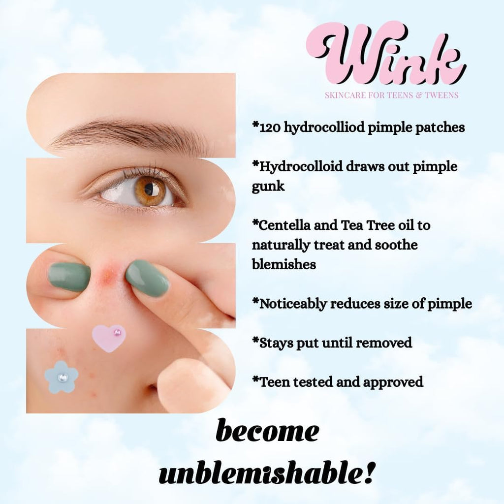 Wink Hydrocolloid Pimple Patches, 120-Count (Exclusive Gem/Bling Acne Stickers) Gentle Tea Tree & Centella For Face Skincare - Star, Heart, Flower And Cloud Shapes, Teen Tween Girl Facial Treatment