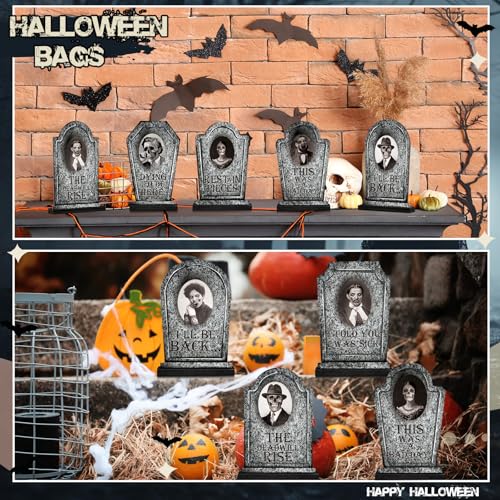 Halloween Tombstone Centerpieces with 3D Face Frames - Marble Finish, Set of 6