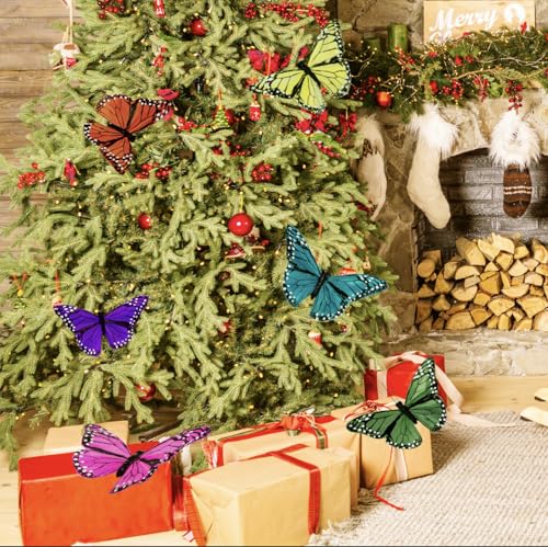 Feather Butterfly Decorations Set of 12 - Handmade Wire Monarch Garden Ornaments
