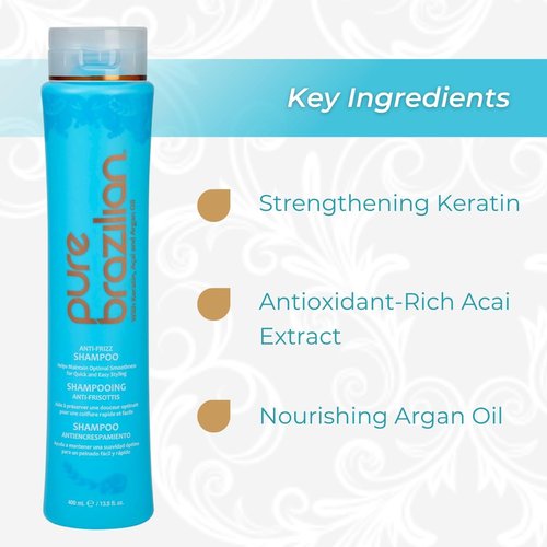 Pure Brazilian Anti-Frizz Shampoo - Salt-Free & Color Safe with Keratin, Argan Oil | 13.5 Oz (Pack of 2)