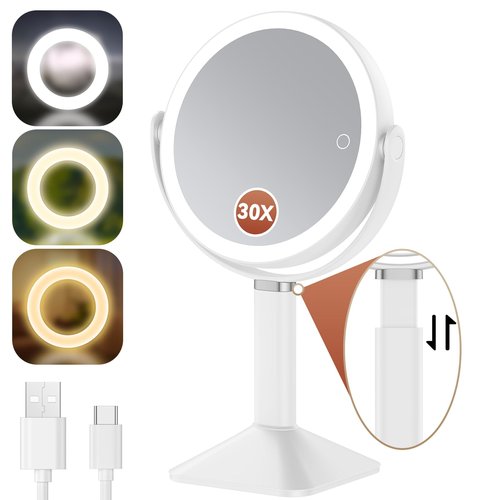 Glowtop Lighted Makeup Mirror with Lights, Height Adjustable 30X Magnifying Vanity Mirror with 4000mAh Rechargeable Battery & 3 Colors Dimming Light for Desktop Bathroom Bedroom