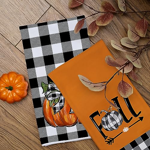 Black Pumpkin Fall Kitchen Towels Set of 2 - Buffalo Plaid Check Dish Towels