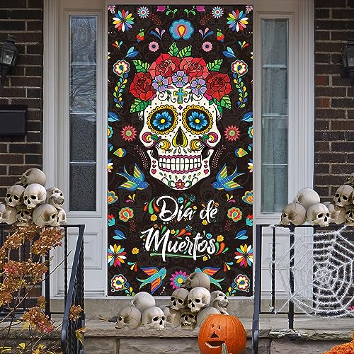 3-Pack Day of The Dead Porch Signs with LED Lights - Mexican Sugar Skull Door Decorations for Halloween & Fiesta