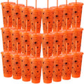 Halloween Plastic Cups with Lids & Straws - Orange Spiderweb Pattern, 24 oz, Bulk Pack