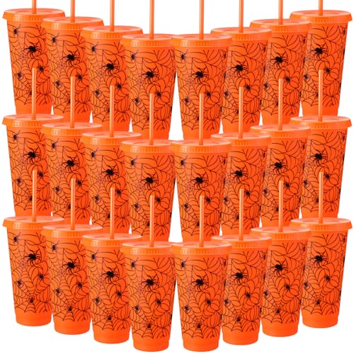 Halloween Plastic Cups with Lids & Straws - Orange Spiderweb Pattern, 24 oz, Bulk Pack