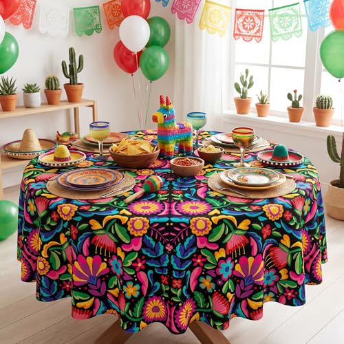 Mexico Tablecloth 70 Inch Round - Festive Cinco De Mayo Fiesta Decorations, Seasonal Polyester Table Cover - Variation: Mexico / 70" Round