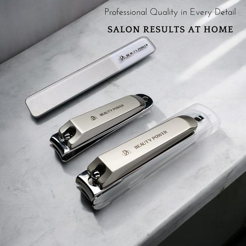 Beauty Power Nail Clippers Set 3 in 1 - Stainless Steel Toe Nail Clippers, Fingernail Clipper, Glass Nail File, Anti Splash, Ergonomic Grip in Black PU Leather Travel Case for Men & Women - Gift Idea
