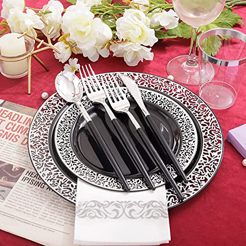 Black Silver Lace Plastic Dinnerware Set for Wedding and Events - 350 Pieces, Variation: Black and Silver