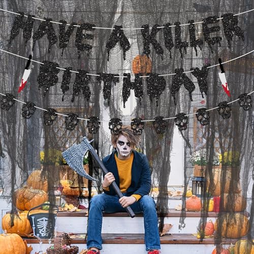Halloween Birthday Banner Set with Skull Glitter Decorations for Haunted House Party