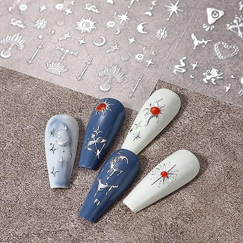 Silver Metallic Nail Stickers - 8 Sheets for DIY Art & Design, Moon Sun Stars Butterfly
