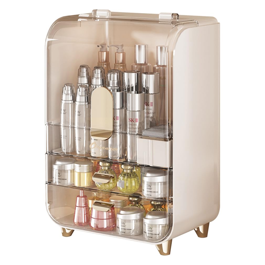 Wi4you Makeup Organizer for Vanity, Large Capacity Cosmetic Organizer Trendy Stuff, Clear Cosmetic Display Case with Flip-top Lid and 2-Tier Drawer for Bathroom Countertop, Bedroom Dresser (White)