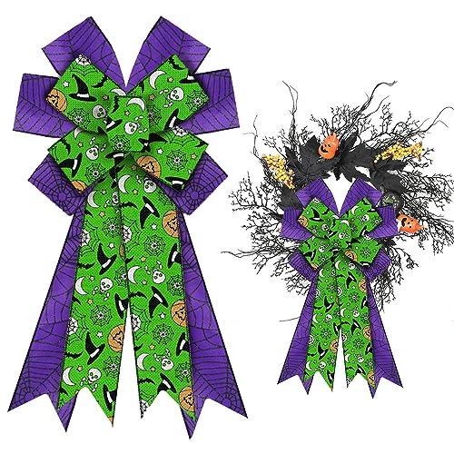 Large Halloween Burlap Green Pumpkin Wreath Bow with Spider Web Purple Bows