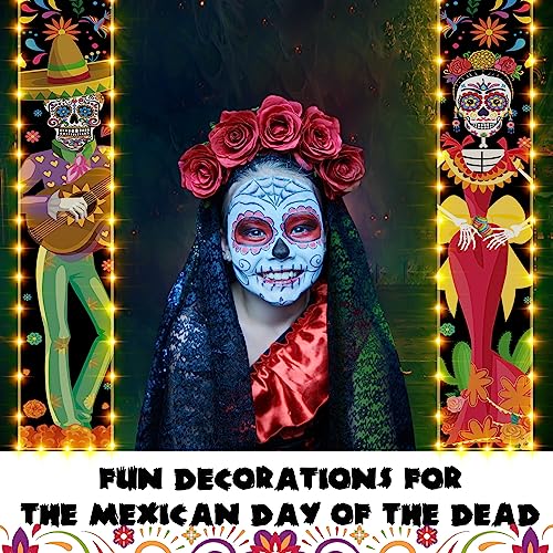 Preboun Day of the Dead Door Banner Set with LED Lights - Sugar Skull & Marigold Decor