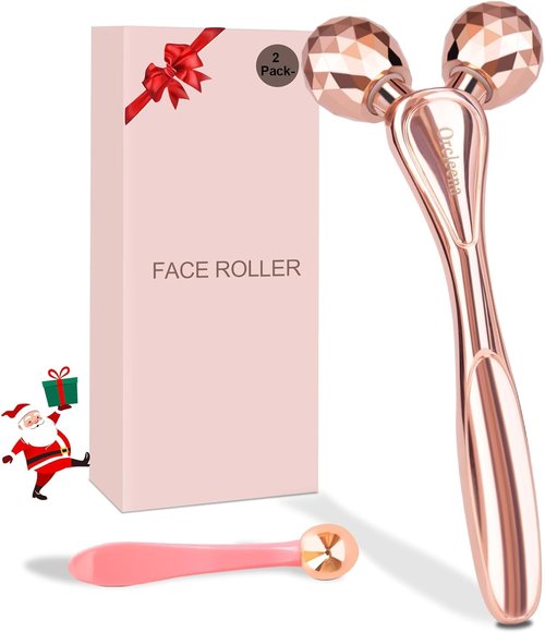 ORCLEENA 3D Face Roller Metal Facial Massager Face Sculpting Gua Sha Massage Tool for Eye Skin Care Reducing Puffiness Anti-Wrinkle for Women Girl Gift Set(Rose Gold)