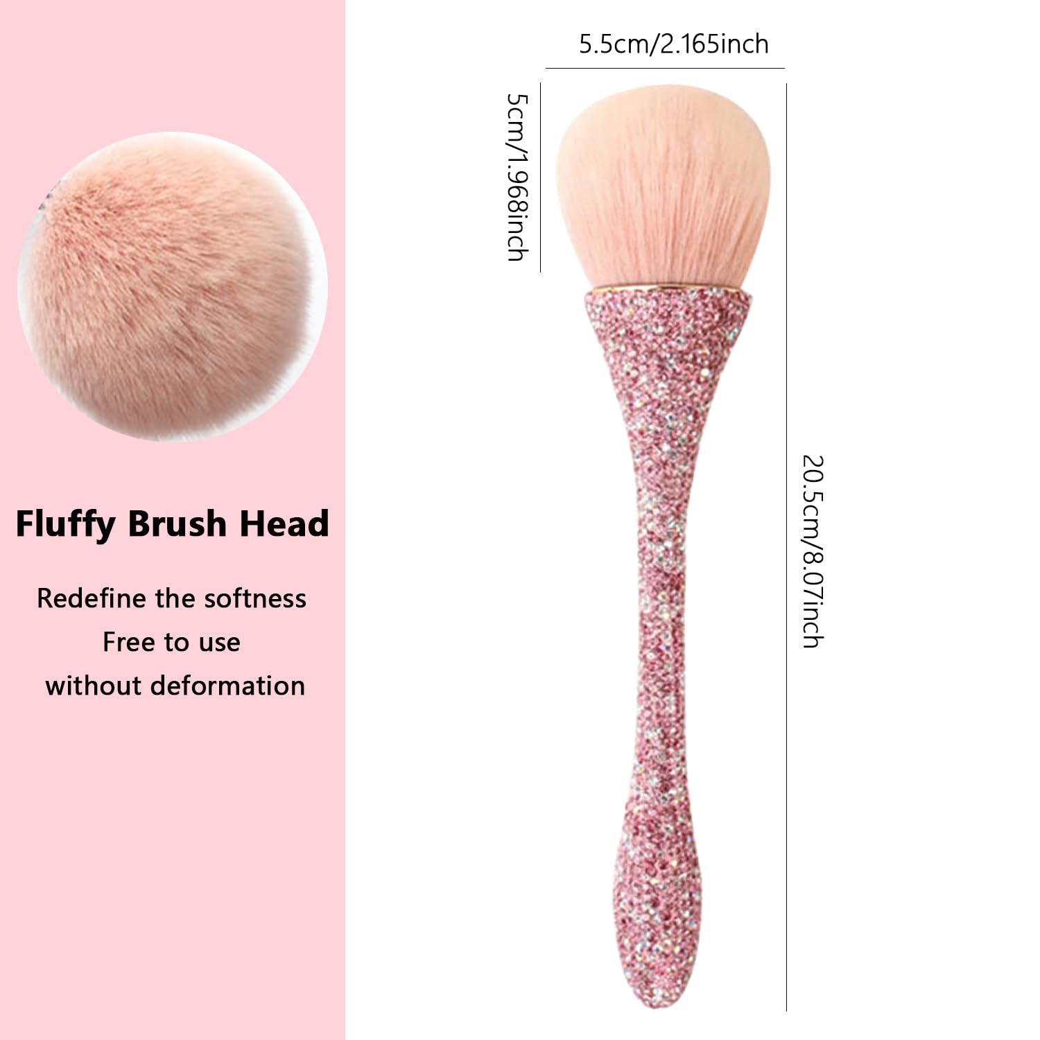 WOKOTO 1pcs Pink Shiny Rhinestone Nail Art Dust Brushes For Acrylic Nails Powder Remover Brushes Loose Face Cosmetics Blending Liquid Foundation Powder Make Up Brushes Nail Trimming Cleaning Tools
