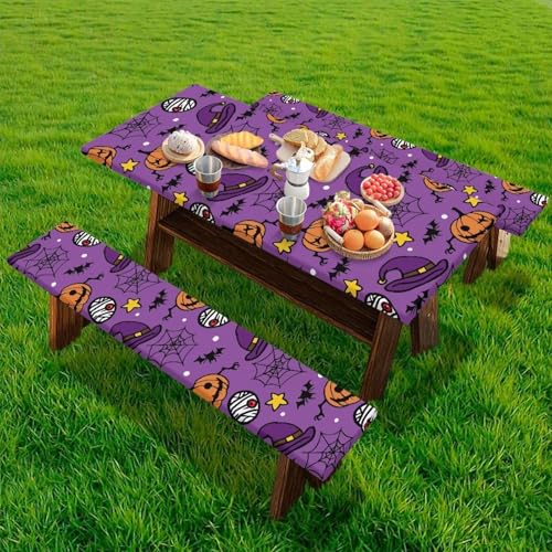 Halloween Picnic Table Cover with Bench Covers 94 x 30 in - Fitted & Elastic Band