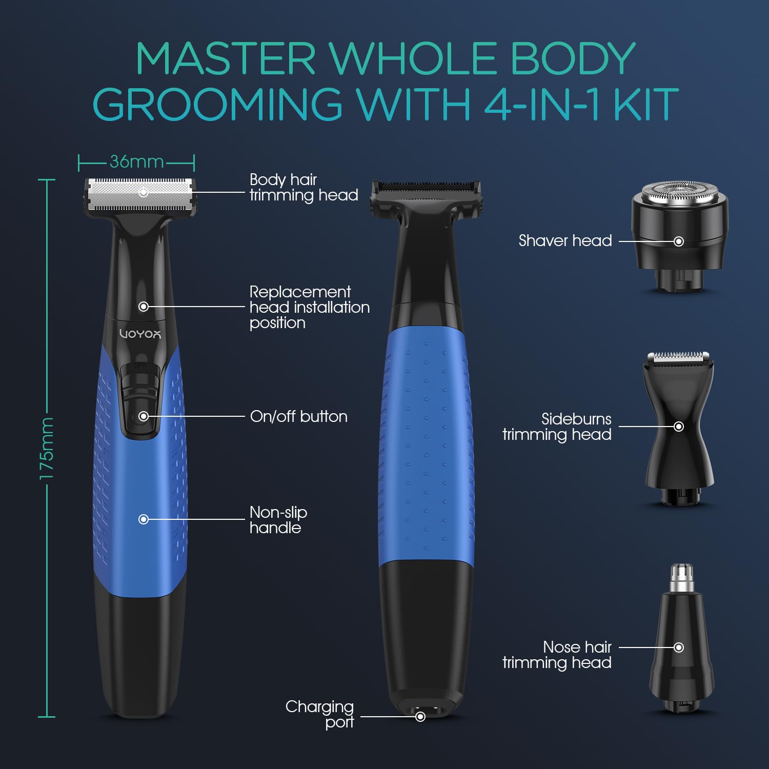 VOYOR Beard Trimmer for Men - All-in-One Electric Razor with Adjustable Length Combs | Cordless Wet/Dry Grooming Kit (Blue)