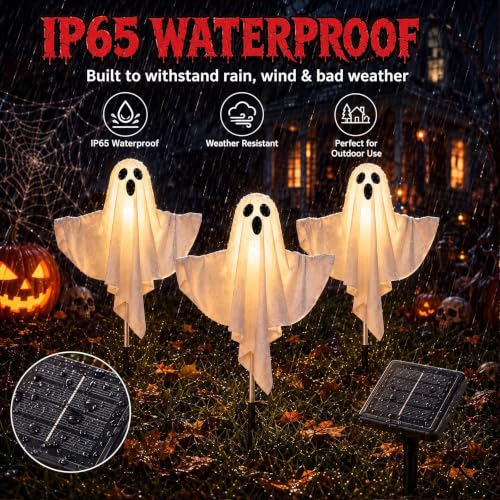 Solar Ghost Decorations Outdoor Lights 3 Pack - Spooky Yard & Garden Halloween Decor