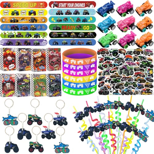 Monster Truck Party Favors Set for Birthday Decorations - 122 Pieces with Goodie Bags & Stickers