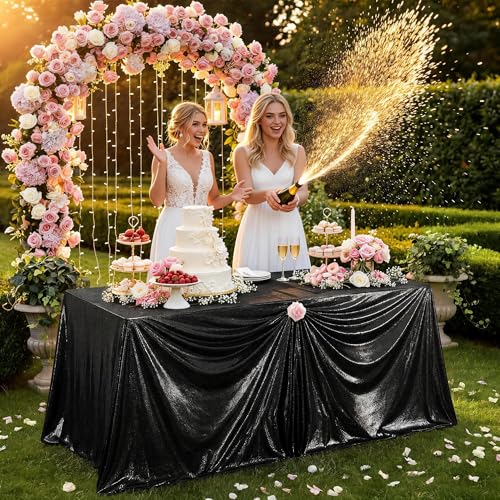 Black Sequin Tablecloth 90x132 Inch Rectangular Sparkly Fabric for Weddings & Events - Black