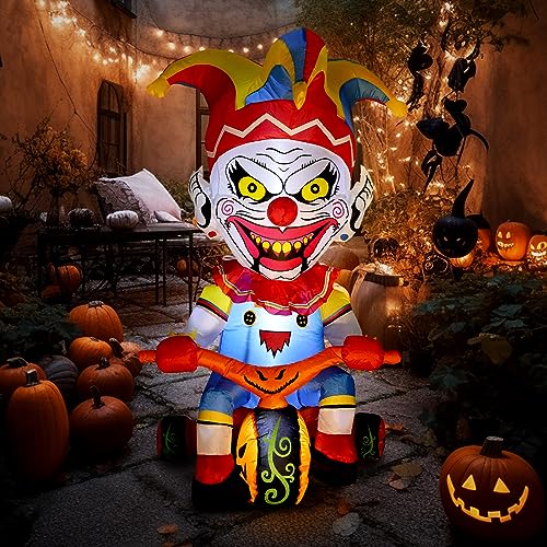 Halloween Inflatable Clown Bicycle Decor - 5 Ft Outdoor Yard with LED Light, Stormproof, for Dia de Los Muertos & Party Festivities