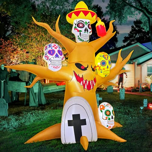 8FT Halloween Inflatable Tree Decoration with LED Skulls - Day of The Dead Yard Decor