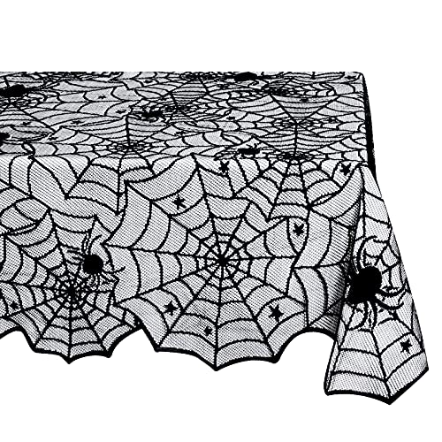 72" x 54" Black Lace Halloween Tablecloth with Spider Web Design - Rectangular