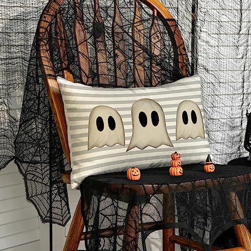 Grey Halloween Ghost Throw Pillow Cover 12x20 Inch Spooky Cushion Case for Sofa Couch
