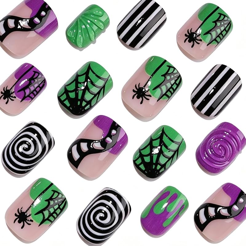 Halloween Press On Nails Set - Style 925 Short Square Purple Green Spider Web & Drip Designs, 24 Pcs