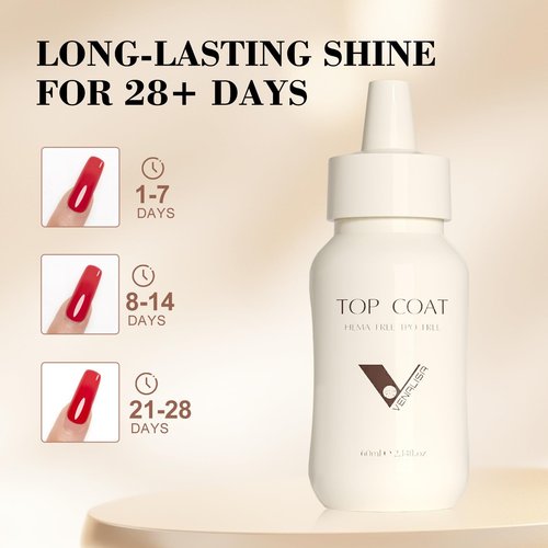 VENALISA 60 ML No Wipe Gel Top Coat- High Gloss Shiny Long Lasting Top Coat Clear Gel Nail Polish, Soak Off Nail Art Home and Professional Manicure