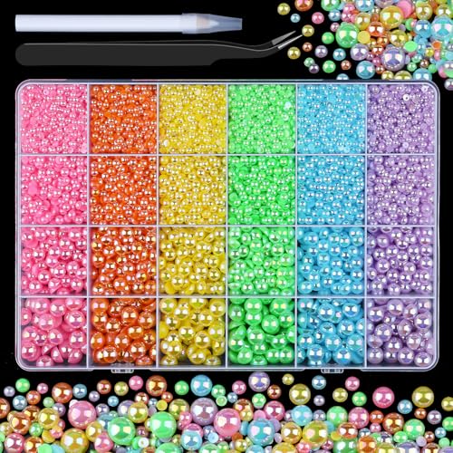 Rainbow Pearl Flatback Pearls & Rhinestones Craft Kit - 24Grid for Nail Art & Decor