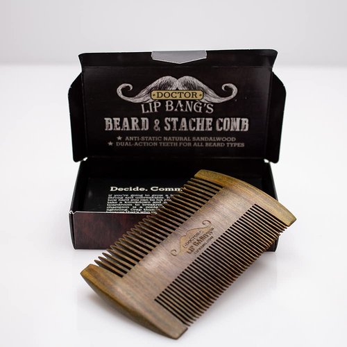 Doctor Lip Bang’s Beard and Stache Comb | Vegan | Cruelty-Free | 100% All-Natural Sandalwood | Anti-Static | Dual-Action Teeth for All Beard Types | Handmade in the United States