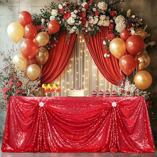 PartyDelight Dark Red Sequin Tablecloth 90x132 Inch Rectangular - Festive Event Decor