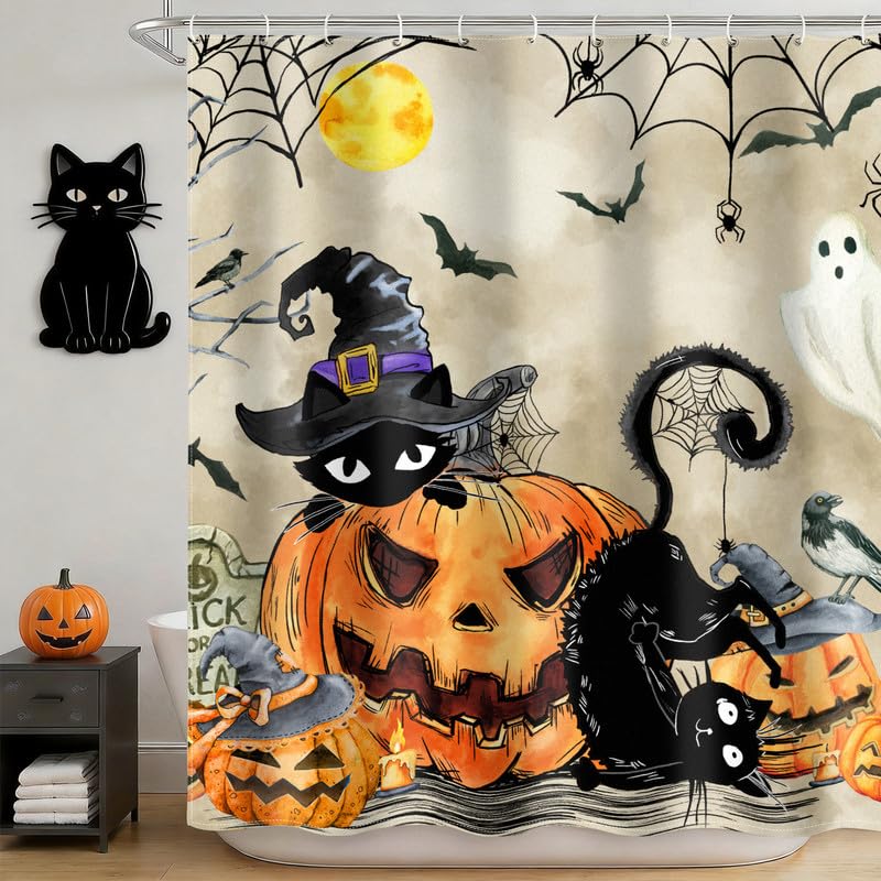 Halloween Shower Curtain Black Cat Pumpkin Waterproof Fabric Bath Decor - Black Cat Variation