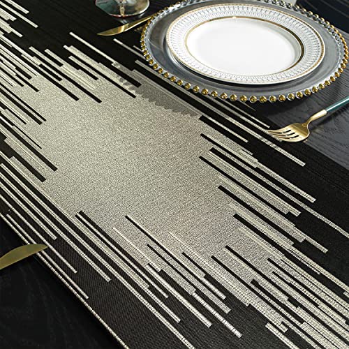 Black 13x98 Inch Abstract Geometric Table Runner with Tassels and Gold Rings - Modern Decor