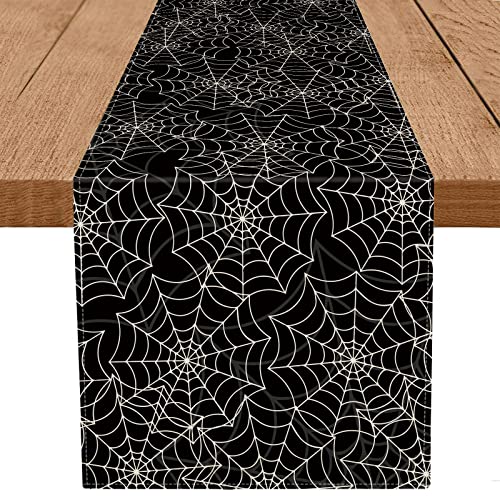Halloween Spider Web Table Runner 13 x 72 Inch Black Linen Seasonal Decor