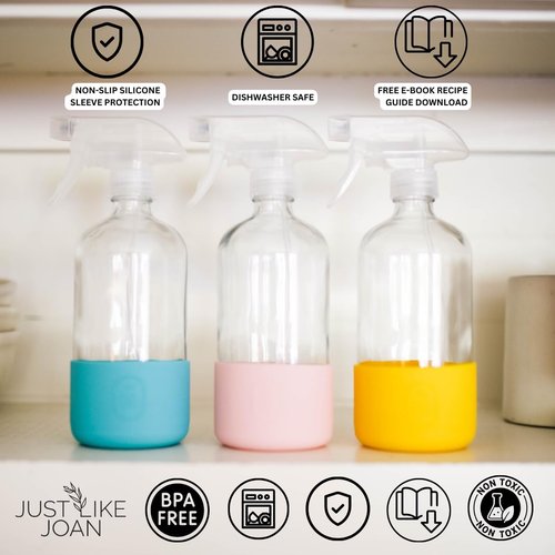 Just Like Joan Clear Glass Spray Bottle with Silicone Sleeve for Cleaning Solutions, Essential Oils, Plants, Vinegar - 16 oz, Refillable, Food Safe (2-PACK: Blush Pink & Pure White)