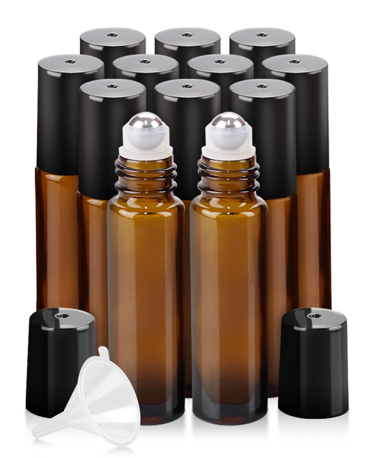 Worldgsb 12 Pack Essential Oil Roller Bottles, 10ml Refillable Amber Glass Roller Bottles with Stainless Steel Roller Balls and Caps for Travel, Perfume and Lip Gloss