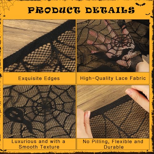Halloween Mantle Scarf Black Lace Spiderweb Fireplace Decor with Bat Variation - 18 x 83 Inches