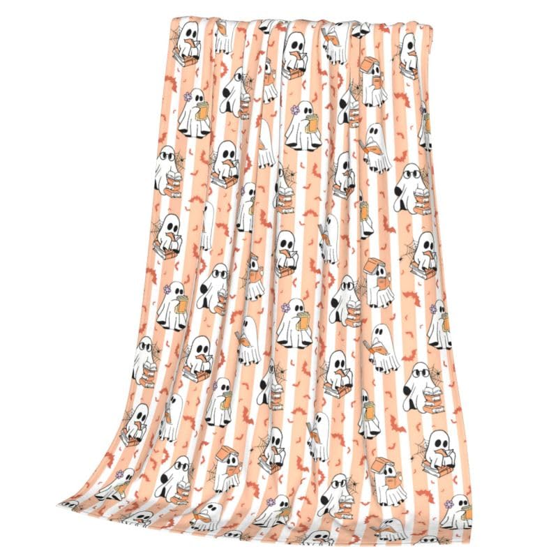 Halloween Ghost Reading Blanket - Orange 60x50 Inch Cozy Flannel Throw