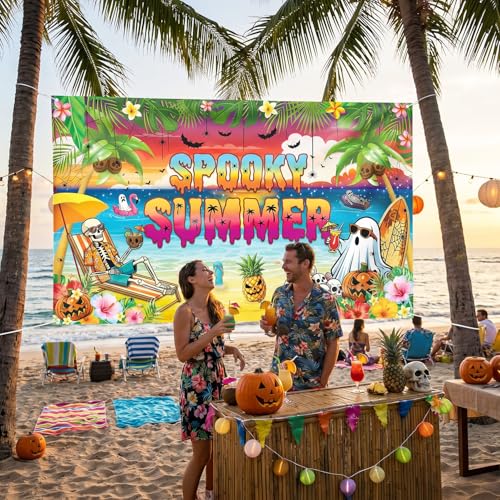 Large Summer Halloween Party Banner - Tropical Skeleton Photo Backdrop 72x43 Inches