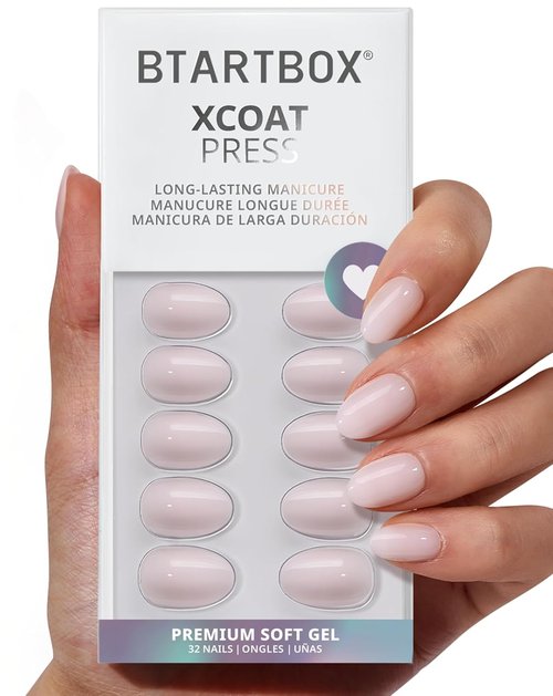 BTArtbox Press On Nails - Almond Power Calm, 4-Week Wear, Nude Pink, Extra Short | 32 Nails, Easy Application Kit