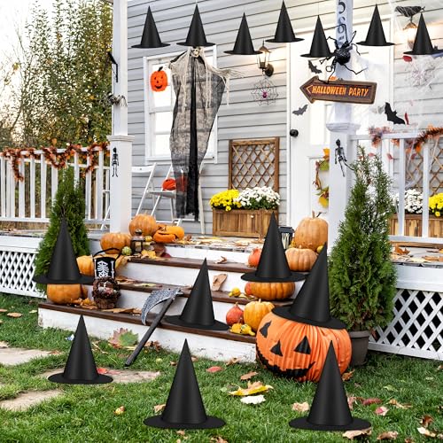 36 Pack Hanging Witches Hats for Halloween Decor - Black Floating Witch Hat with 492 ft Rope - Outdoor Porch Decorations - Variation of 36