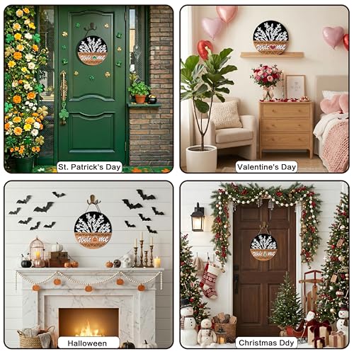 12-Inch All-Season Welcome Sign Wreath with Replaceable Plaques for Front Door Decor