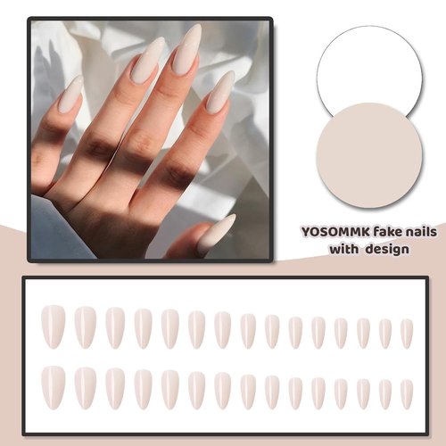 Skiennix Cream White Press-On Nails - Medium Almond Glossy Acrylic False Nails for Women