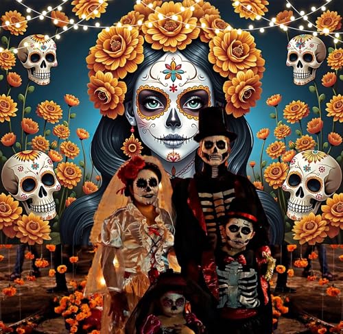 Dia De Los Muertos Backdrop 7x5FT Mexican Fiesta Sugar Skull & Marigold Decor Variation of THIS listing