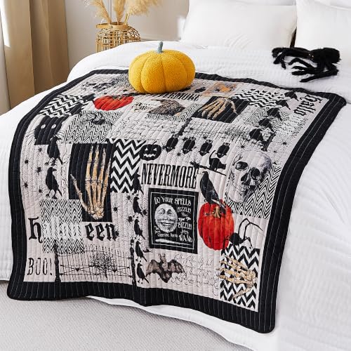 Grey Halloween Throw Blanket 50x60 Pumpkin Spider Ghost Pattern Soft Quilt