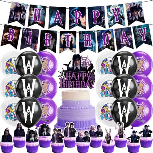 Halloween Party Decorations Set with Balloons Banner & Toppers - Purple Black 32pcs